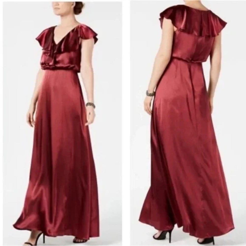 Elegant Burgundy Deep-Wine Hammered Satin Dress Evening Gown